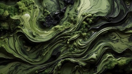 Obraz premium Organic abstract swirl texture in moss green and black tones with natural stone and fluid algae-like patterns, high-resolution nature-inspired decorative background