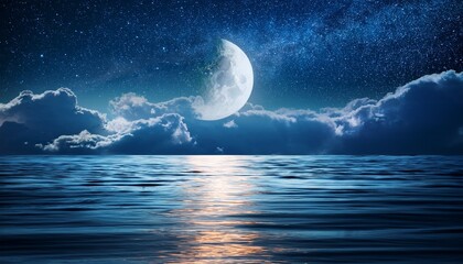 moonlit ocean waves under starry sky with crescent moon and cloud reflections at night