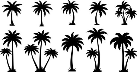 Obraz premium Icon set featuring various palm tree silhouettes for design and decoration purposes 