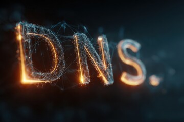 Illuminated dns letters stand against a blurred background with abstract lighting and reflections, in the darkness