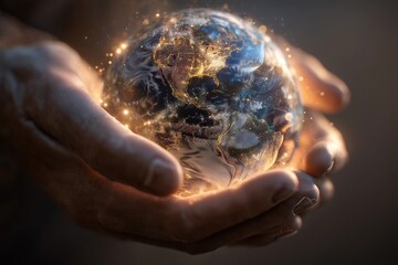 Hands Holding a Glowing Earth with Light Effects