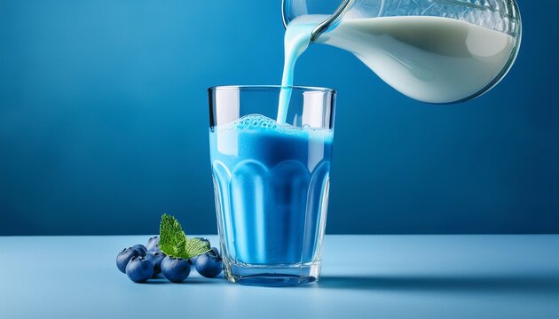 pouring vibrant blue smoothie into a clear glass on a minimalist background for a refreshing drink experience