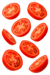 Sliced Tomatoes Floating on White Background