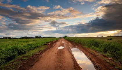 rural dirt path with puddles under a cloudy sky in the late afternoon