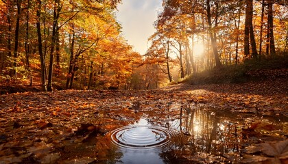 ripples form in a puddle surrounded by autumn leaves in a serene forest setting
