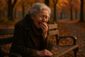 Senior woman sitting alone on a bench in a deserted park, grappling with grief and sadness amidst the falling autumn leaves