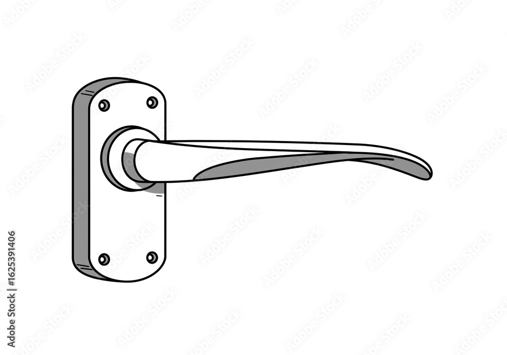 Poster a drawing of a door handle with a curved lever and a rectangular mounting plate with screws