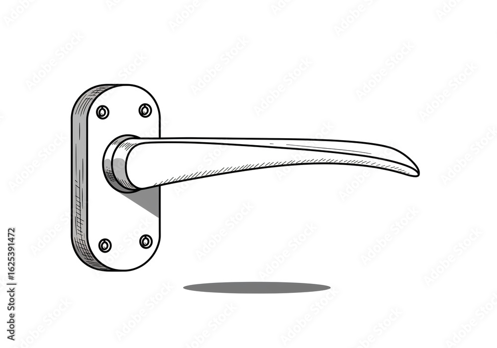 Poster Illustration of a door handle with a curved lever and rectangular backplate on white background