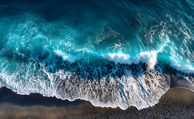 Aerial drone view or top view perspective photography of a beautiful transparent clear sea or ocean waves and foam splashing on the dark navvy blue or gray sand beach