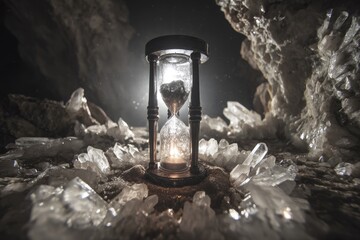 Hourglass In Cave With Ice Crystals