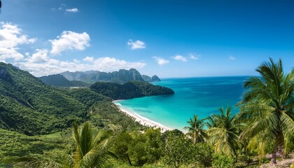 serene landscape featuring lush green mountains tranquil blue ocean and palm trees on sandy beach evoking sense of peace and relaxation