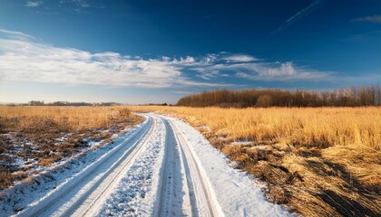 snow covered road among dry yellow grass in a spring field on a sunny day