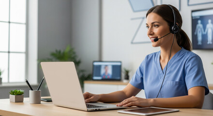 Telemedicine Consultation: Female Doctor Providing Virtual Medical Care with a Headset and Laptop
