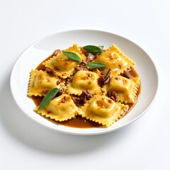 Delicious ravioli pasta with flavorful sauce, sage and beef, served on a plate on white background