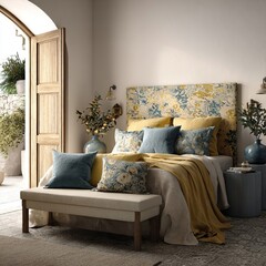 Elegant Bedroom with Floral Headboard and Cozy Textiles