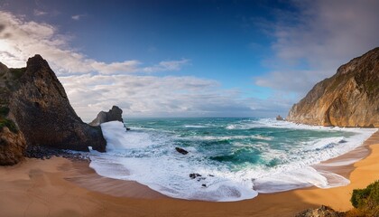 spectacular nature unveils a stunning coastal landscape where the ocean meets the sea observe water crashing against rocks and cliffs forming a dramatic panorama on the sandy beach