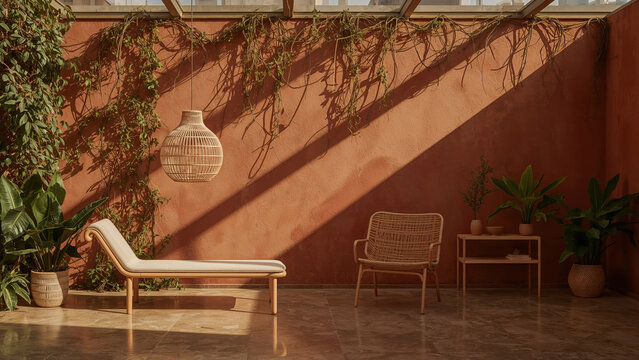 Sunlit courtyard scene with rattan furniture and plants creating a relaxing interior design aesthetic