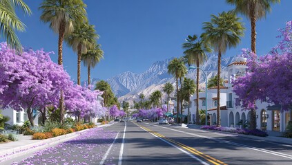 3D rendering of a street with palm trees and purple flowers on the sides, white buildings in the background, a clear blue sky, and mountains in the far distance.