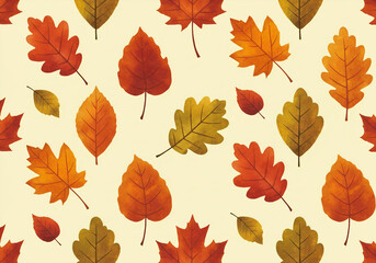 Seamless Autumn Leaves Pattern - Hand-painted Watercolor Style on Light Background