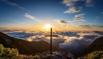sunrise illuminates a cross above clouds symbolizing hope and faith in the sky