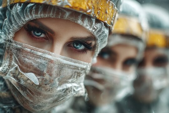 Intense gaze of surgeon during surgical operation with medical team in background