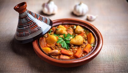 tasty tajine with garlic and paprika in a cozy traditional dish
