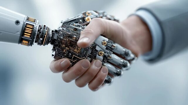 A robot hand shakes a human hand. The robot is made of metal and has a mechanical look. The human hand is made of plastic and has a more natural appearance. Concept of technology and human interaction