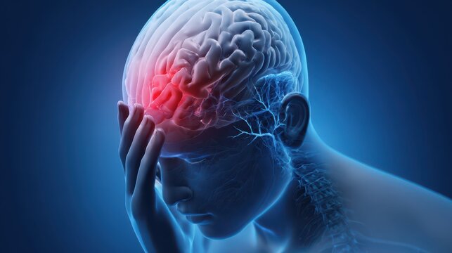 a male head with the brain and the left side of the face paralyzed, a red glowing pain spot on the forehead