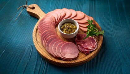 traditional beef or pork cold cuts with condiments in a wooden board