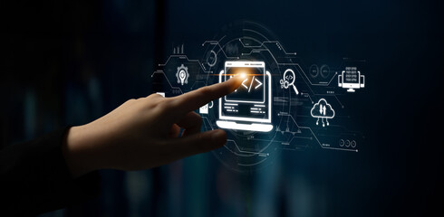 Modern web development concept featuring coding symbols, web development process, web development...