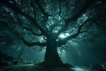 Glowing Ancient Pixelated Tree In Dark Forest