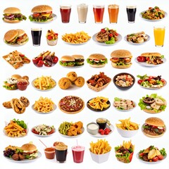 A diverse selection of tasty meals and refreshing beverages collection on white background