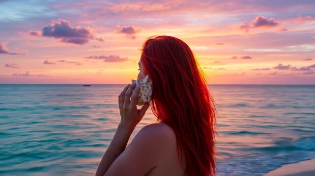 Woman Listening to Seashell at Sunset Beach - A young woman with vibrant red hair holds a seashell to her ear, listening to the ocean sounds as she stands on a tranquil beach at sunset.