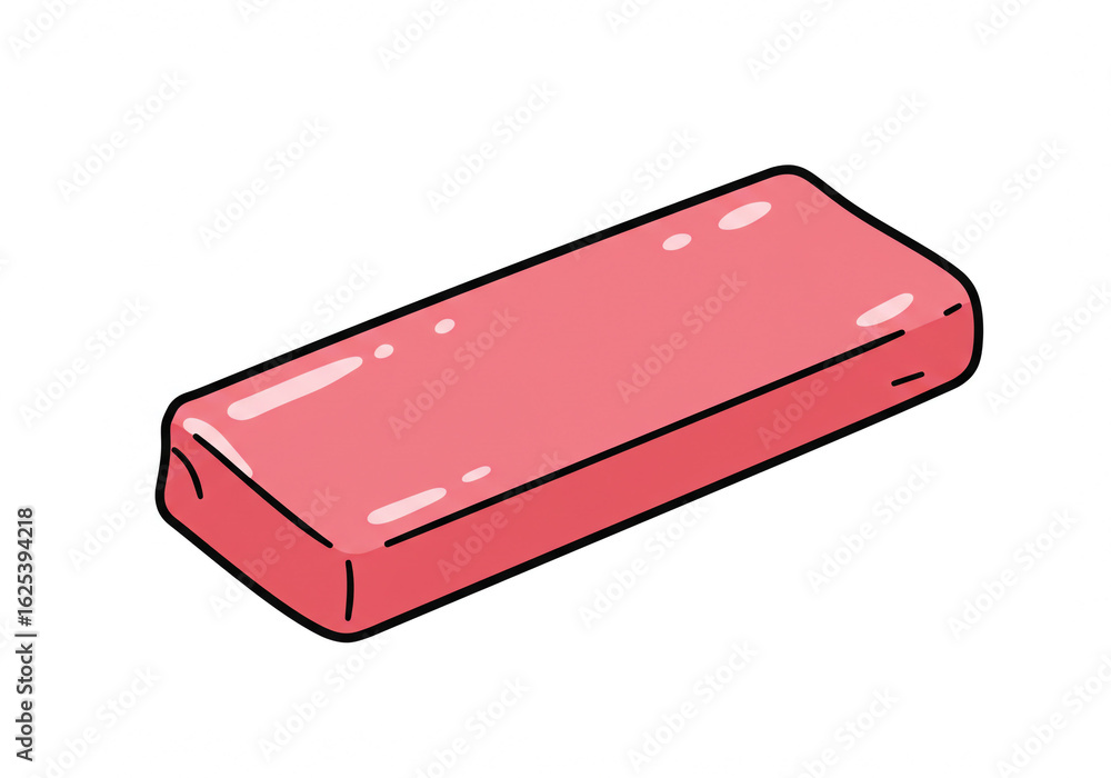 Poster a cartoon drawing of a rectangular pink eraser with rounded edges on a white background space