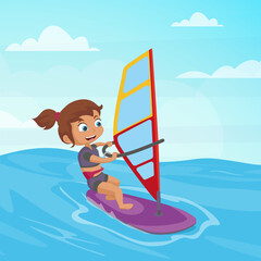 Happy girl windsurfing on sunny summer day