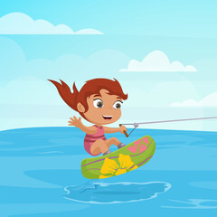 Cheerful girl wakeboarding on tropical water
