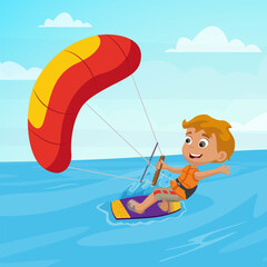 Happy cartoon boy kitesurfing in the ocean