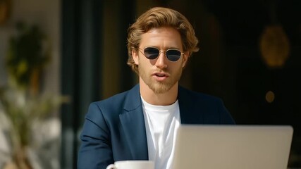 A man in a navy suit working on a laptop at a cozy cafe