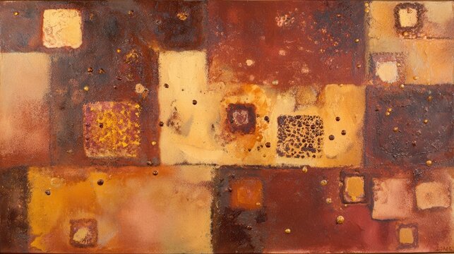 Abstract art painting in dark rust, mustard, and terracotta colors