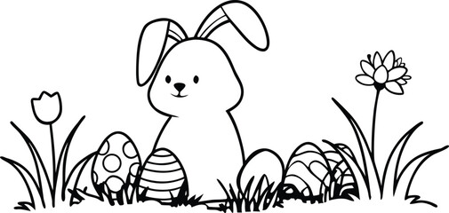 Fototapeta premium Cute easter bunny with decorated eggs and flowers in a field