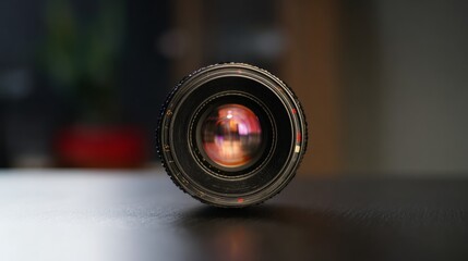 A professional macro camera lens with a reflection of a single white light on its glass objective, isolated on a clean black background