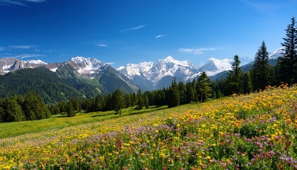 vibrant wildflower meadow with snow capped mountain peaks and green forest in the distance beautiful summer landscape on a clear day