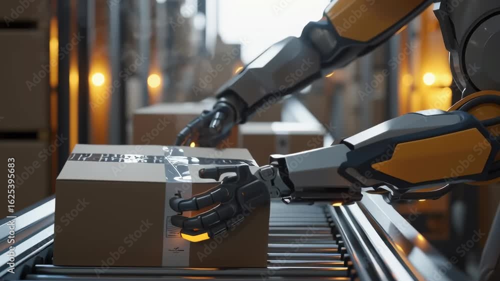 Aufkleber a robot is working on a conveyor belt with boxes. the robot is wearing a yellow suit and has a box i