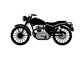 Obraz premium A side view of a black motorcycle with a round headlight on a white background illustration