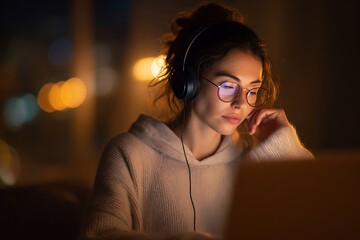 Focused woman works late with laptop and headphones in cozy warm light - perfect for remote work, studying, or online learning concepts