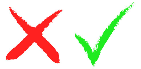 Hand drawn of Green check mark and Red cross isolated. Right and wrong icon. PNG