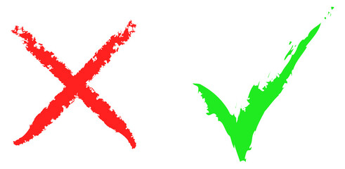 Hand drawn of Green check mark and Red cross isolated. Right and wrong icon. PNG