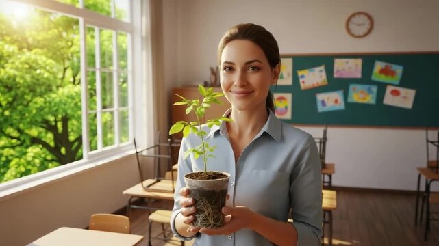 The teacher holds a small plant for planting in the soil for landscaping