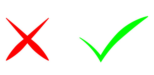 Hand drawn of Green check mark and Red cross isolated. Right and wrong icon. PNG