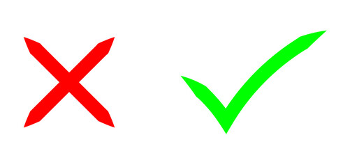 Hand drawn of Green check mark and Red cross isolated. Right and wrong icon. PNG